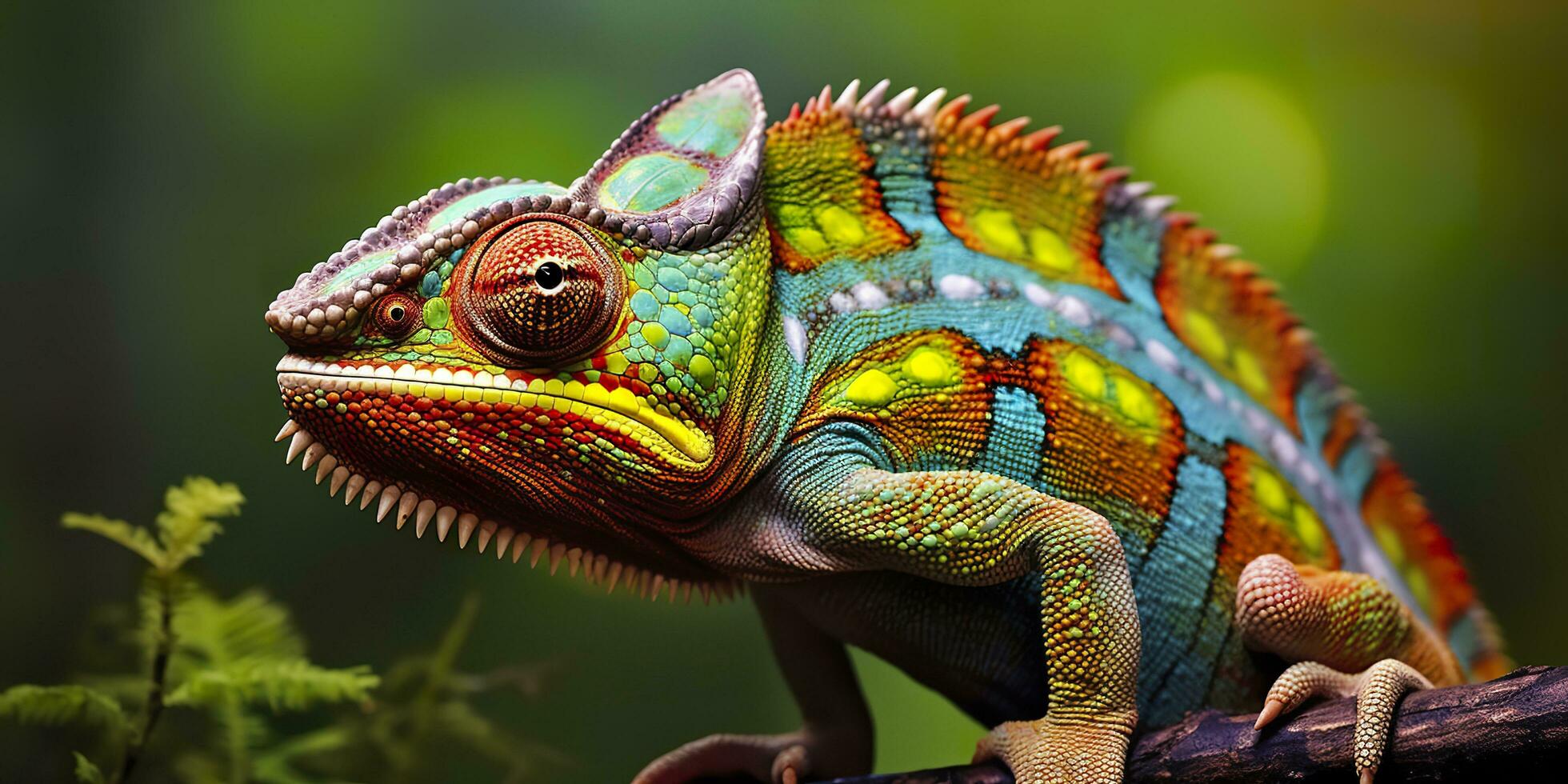 A colorful close up chameleon with a high crest on its head. Generative AI photo