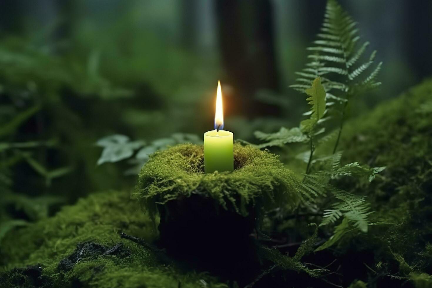 Burning candle on moss, dark green blurred the natural background. Magic candle. Generative AI photo
