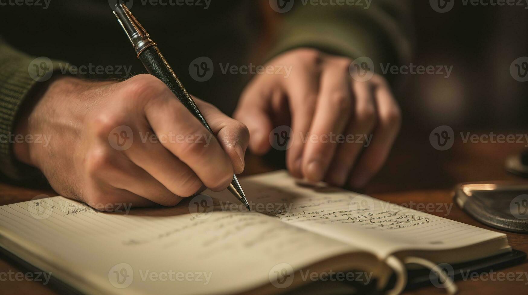 a person holding a pen and writing on a notebook AI Generative photo