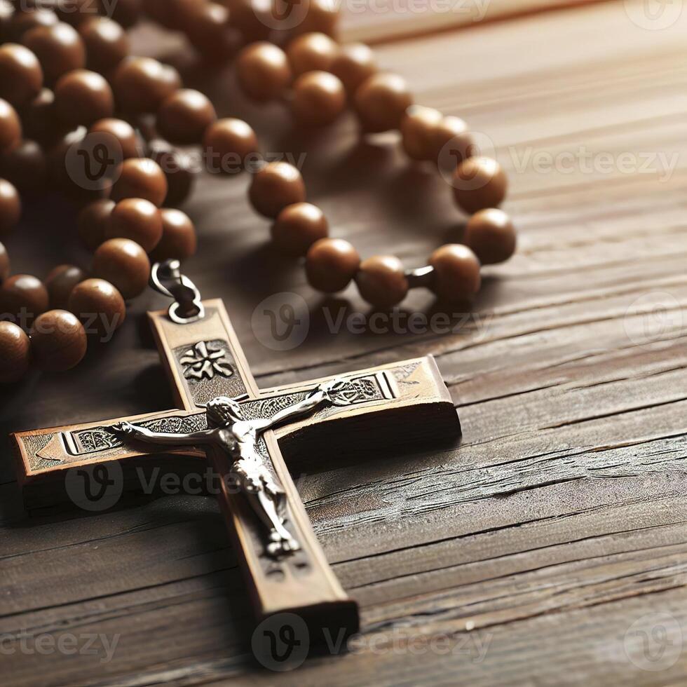 Rosary catholic cross on wooden table. AI Generative photo