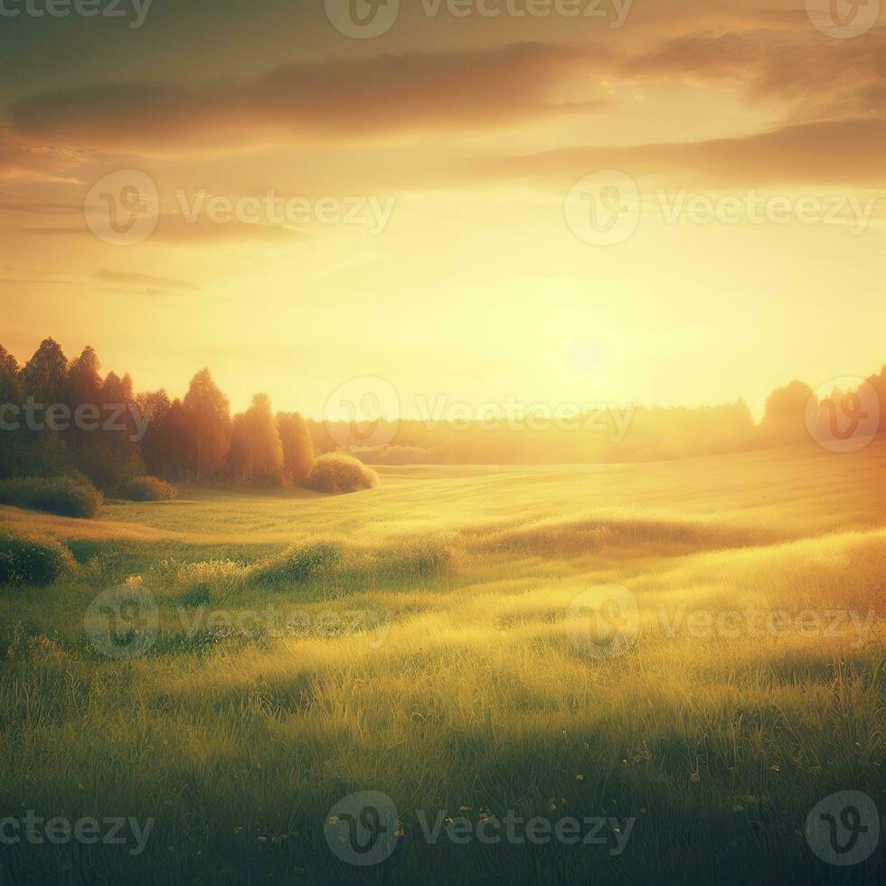 tranquilo puesta de sol terminado rural prado y bosque. ai generativo foto