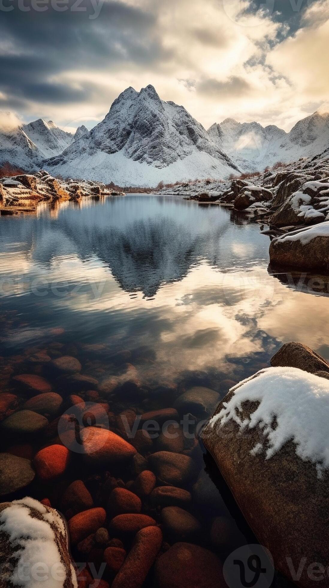 AI Generative Scenic view of beautiful winter lake with snowy mountains ...