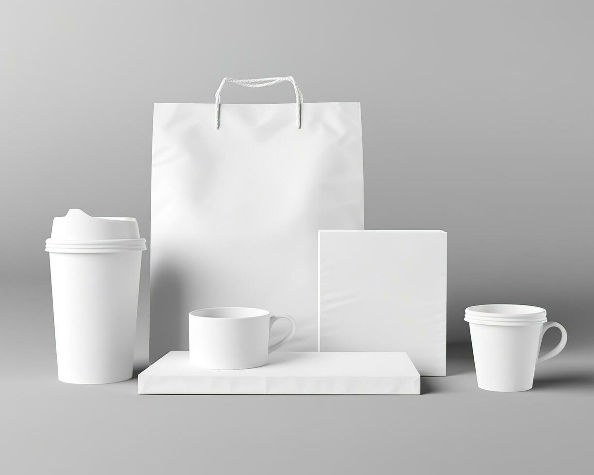 Blank bag, coffee mug, and cup on a light background. Generative AI photo