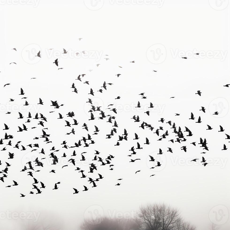 ai generativo un rebaño de aves volador a través de un blanco cielo foto