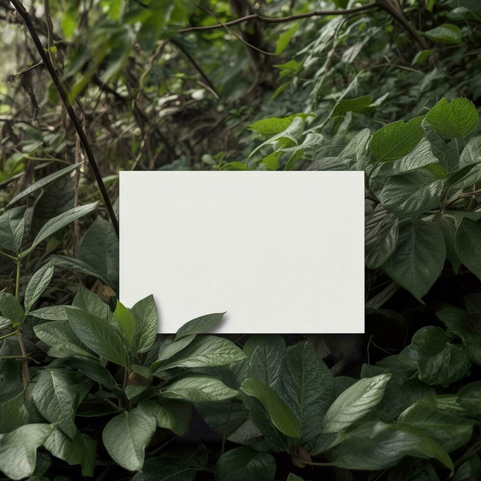 Blank business card on green leaves background. Generative AI photo