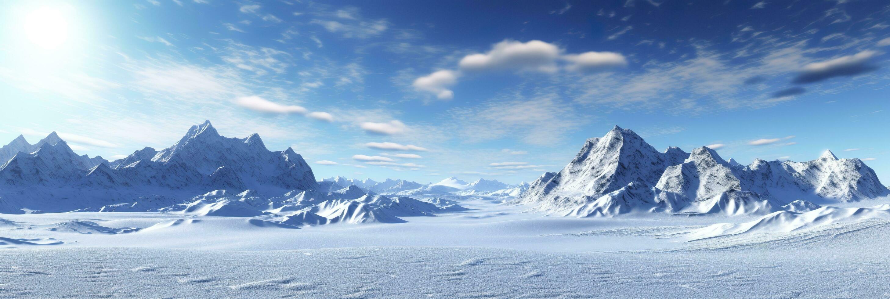 vast desolated snow land, big mountains in the background, snowfall with light blue sky and light blue colors, peaceful atmosphere,  AI Generative photo