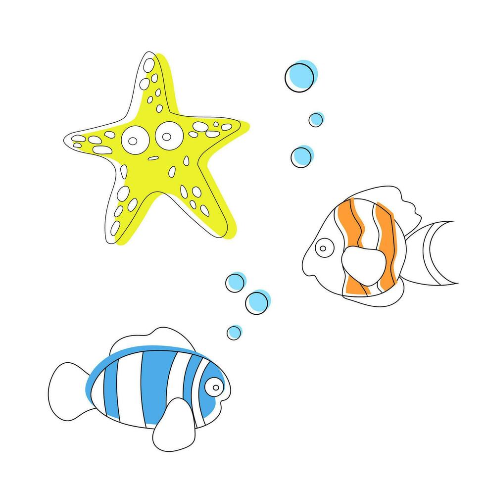 alegre marina animales en el estilo de parcial torrencial para para niños materiales y libros. estrella de mar y pescado nadando submarino aislado en un blanco antecedentes. vector