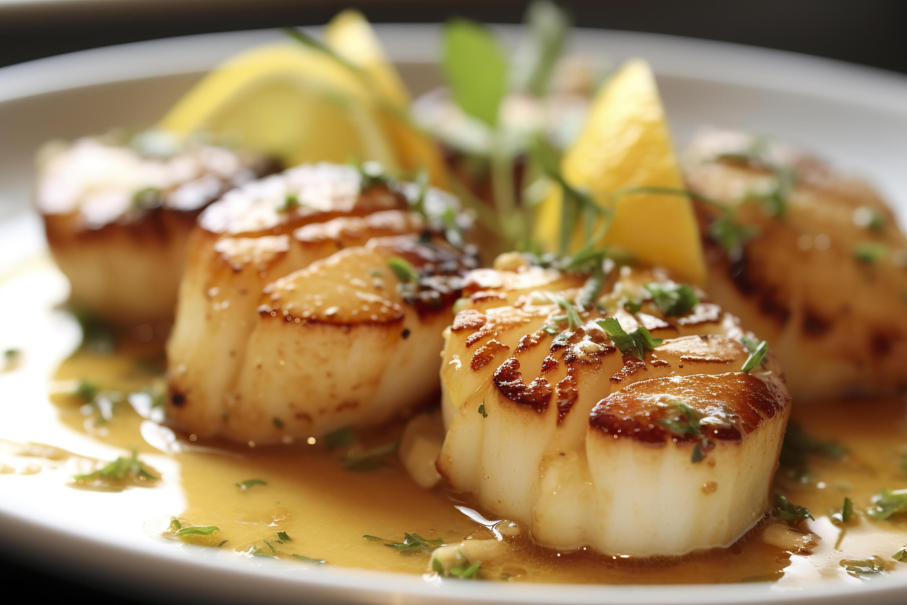 Closeup of pan seared diver scallops with lemon beurre blanc