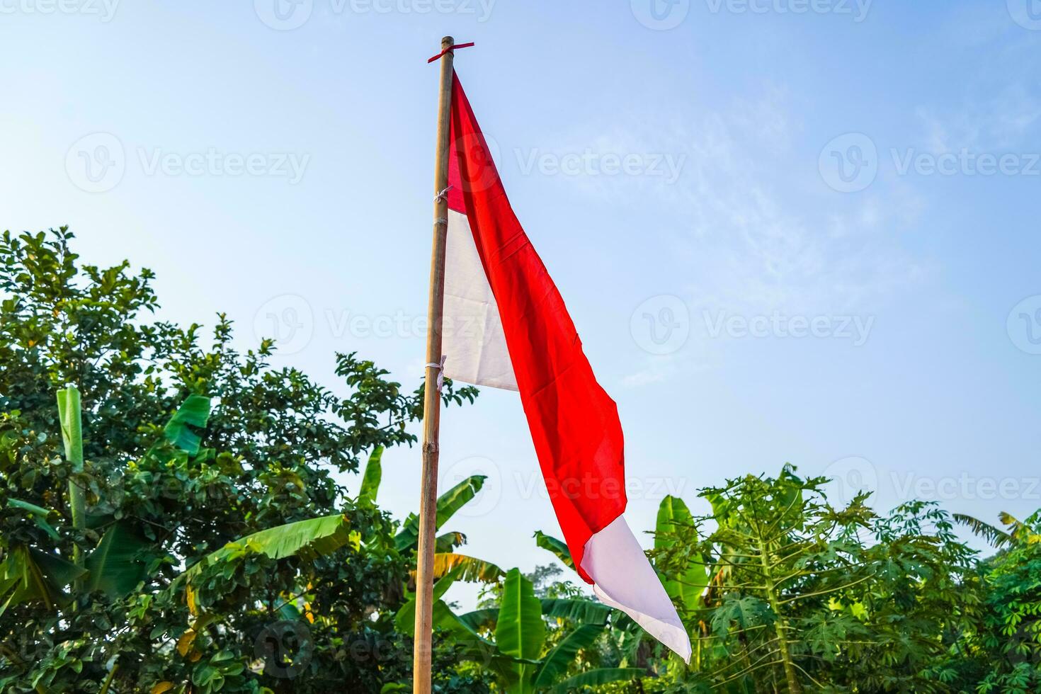 red white flag of Indonesia independence day, on blue sky background photo