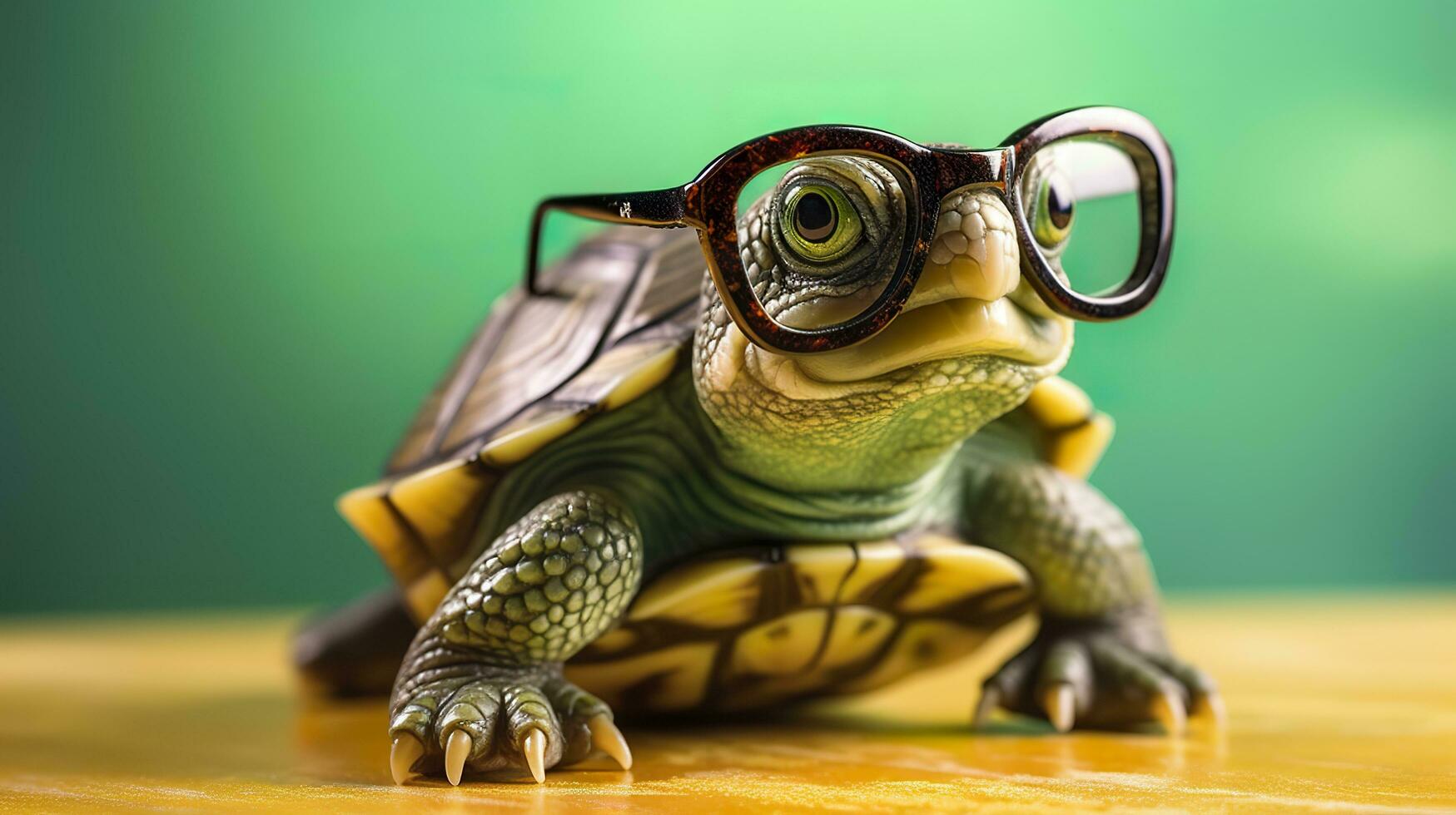 un linda pequeño verde Tortuga con anteojos, generar ai foto