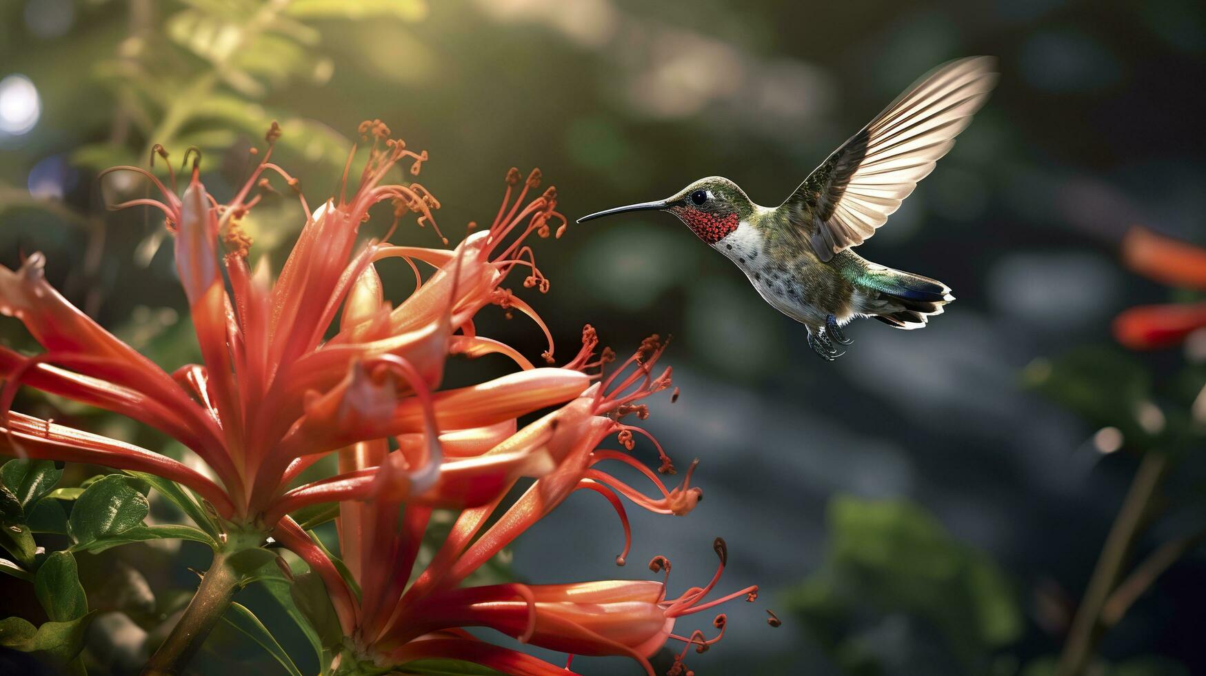 Hummingbird flying to pick up nectar from a beautiful flower. Digital artwork. AI Generative photo