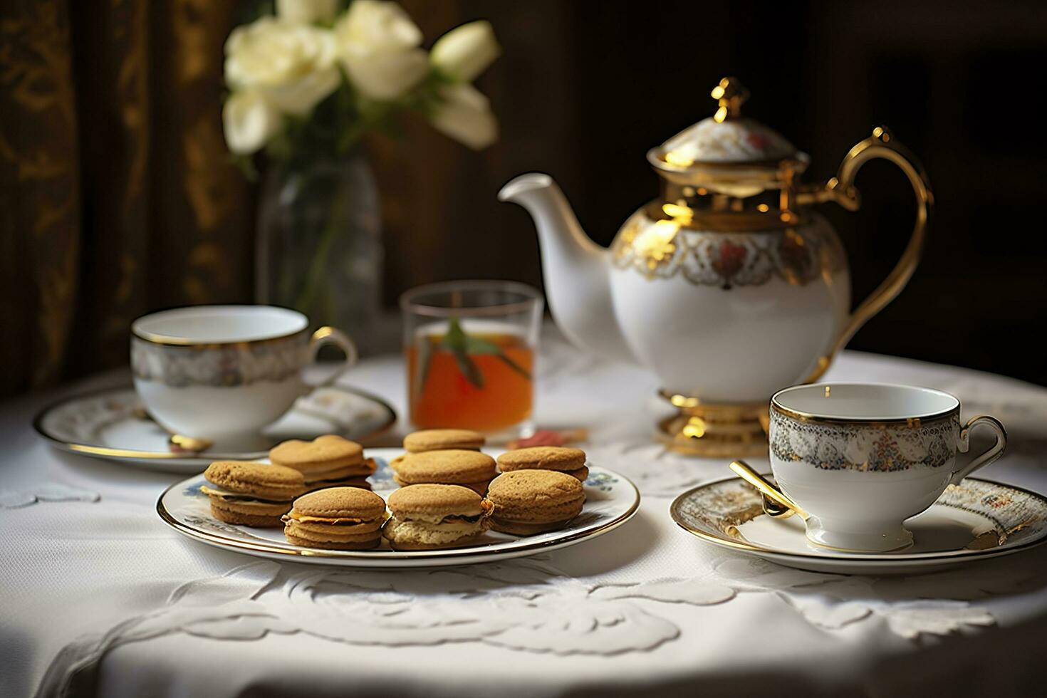 Classical served tea table with biscuits. Generative AI photo