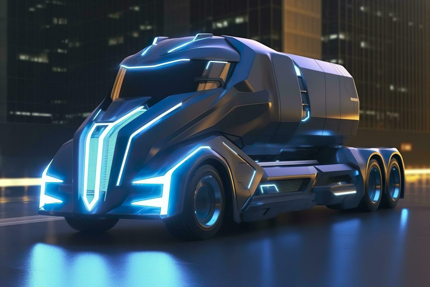 23rd Century Futuristic Truck with Hyper Modern Drive, Wide Angle Lens, and Futuristic Skyscraper in the Background. AI Generative photo
