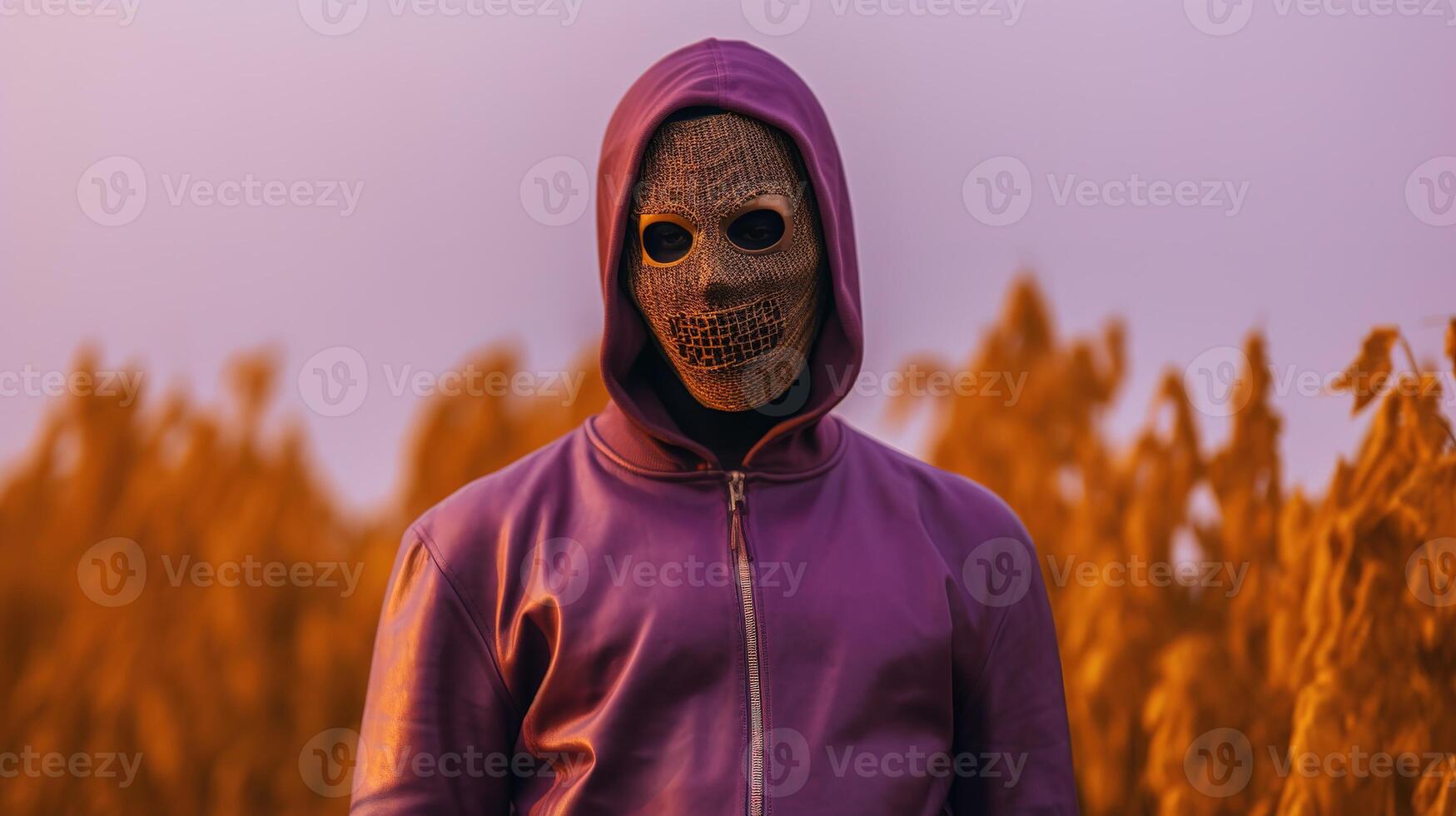 a man with purple hoodie with mask face covered for halloween photo