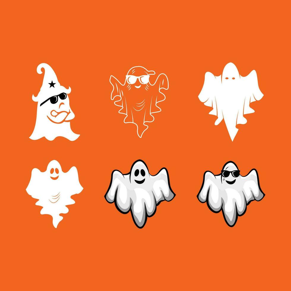Set of Boo Ghosts. Flying Phantoms. Halloween scary ghostly monsters. Cute cartoon spooky characters. Holiday Silhouettes. Hand drawn trendy Vector illustration.