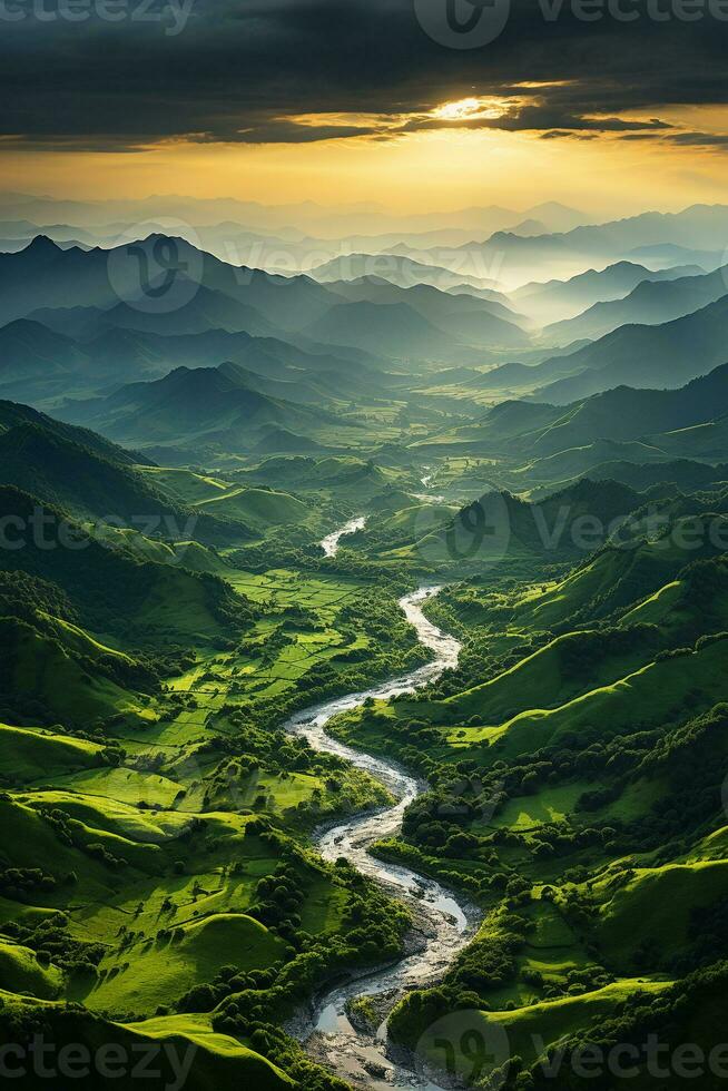 The white clouds of effect with green mountains in the distance. AI generative photo