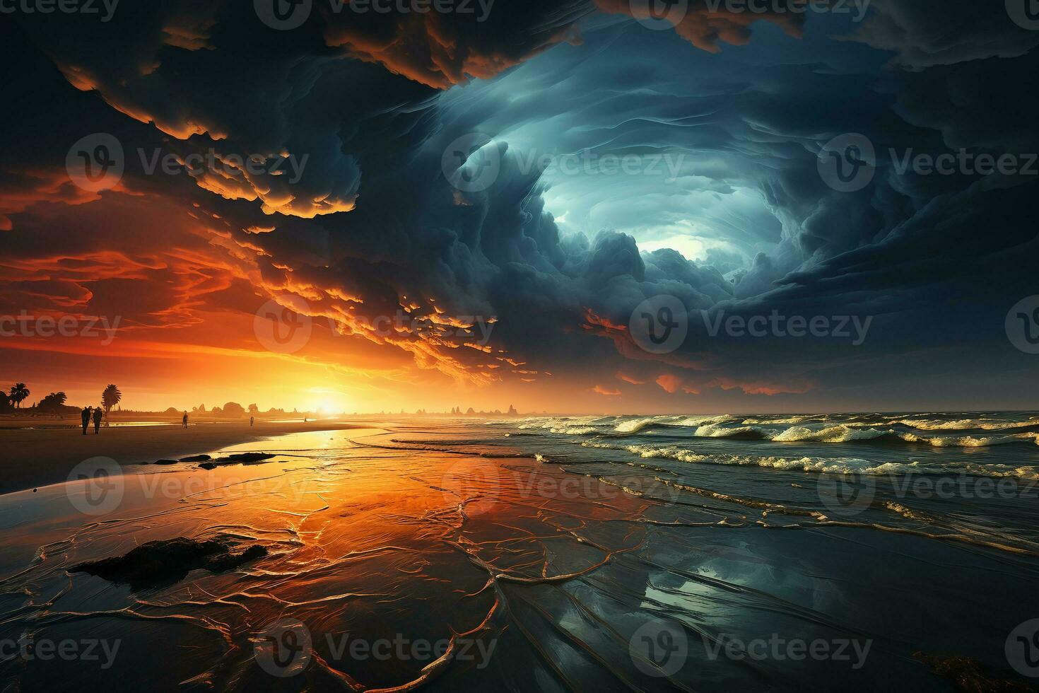 A stormy sky and clouds reflected in water. AI generative photo