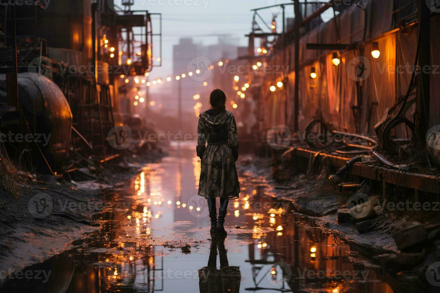 A woman in a dark fairy kei fashion wedding dress wading in a rundown industrial complex in the rain at dusk. Moody atmosphere. AI generative photo