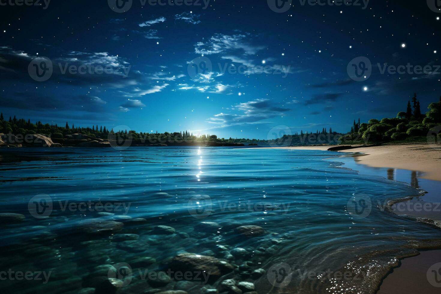 realistic image that captures the elegant charm of a glowing moon suspended low over a tranquil blue sea. AI generative photo