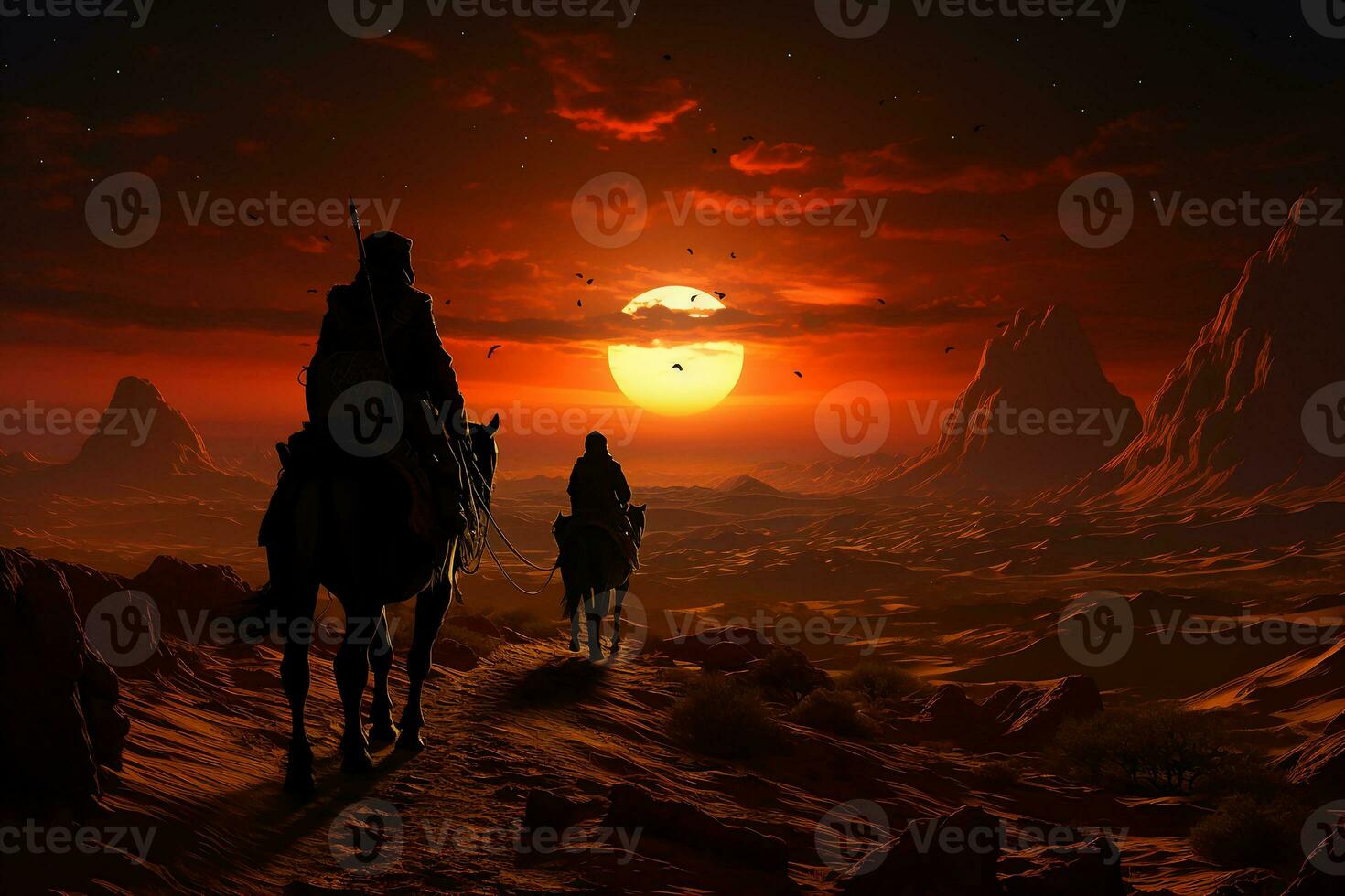 Camel procession in desert wonder, walking on rolling sand dunes, star trail photography. AI generative photo