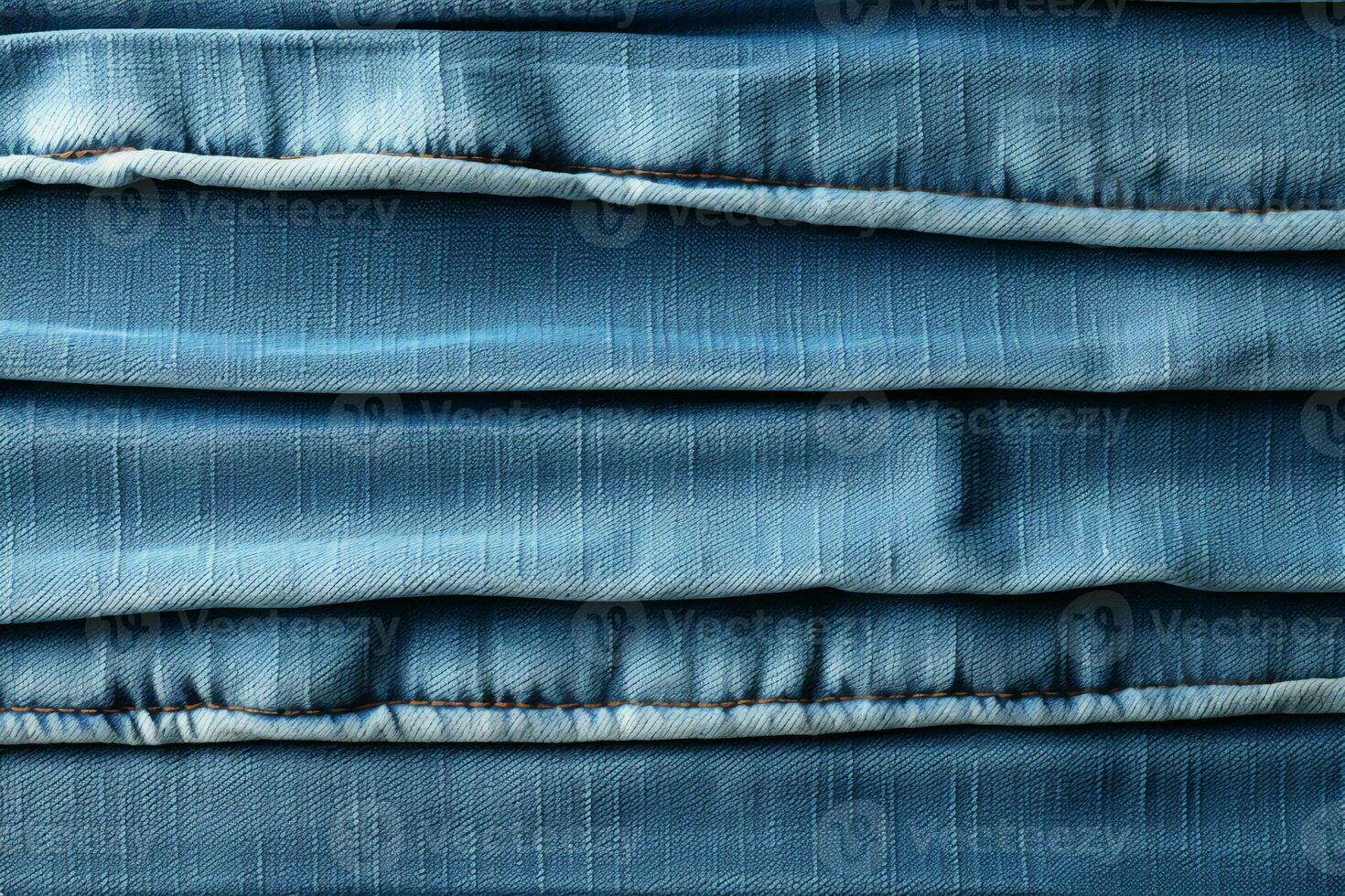 Blue denim background with a seam. Light blue color denim jeans fabric texture. Copy space for text. AI generative photo