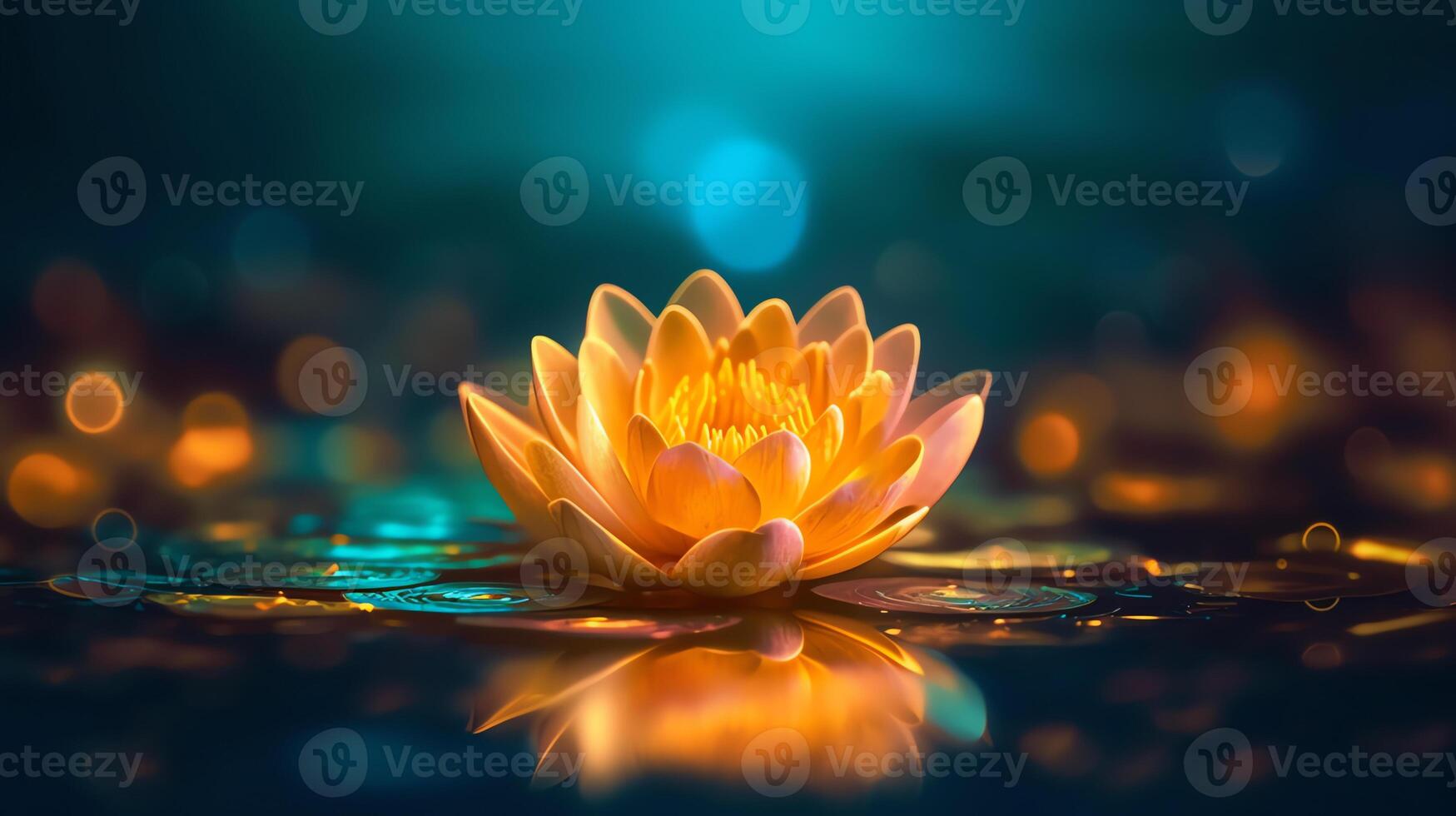 a yellow flower floating on top of a lake photo