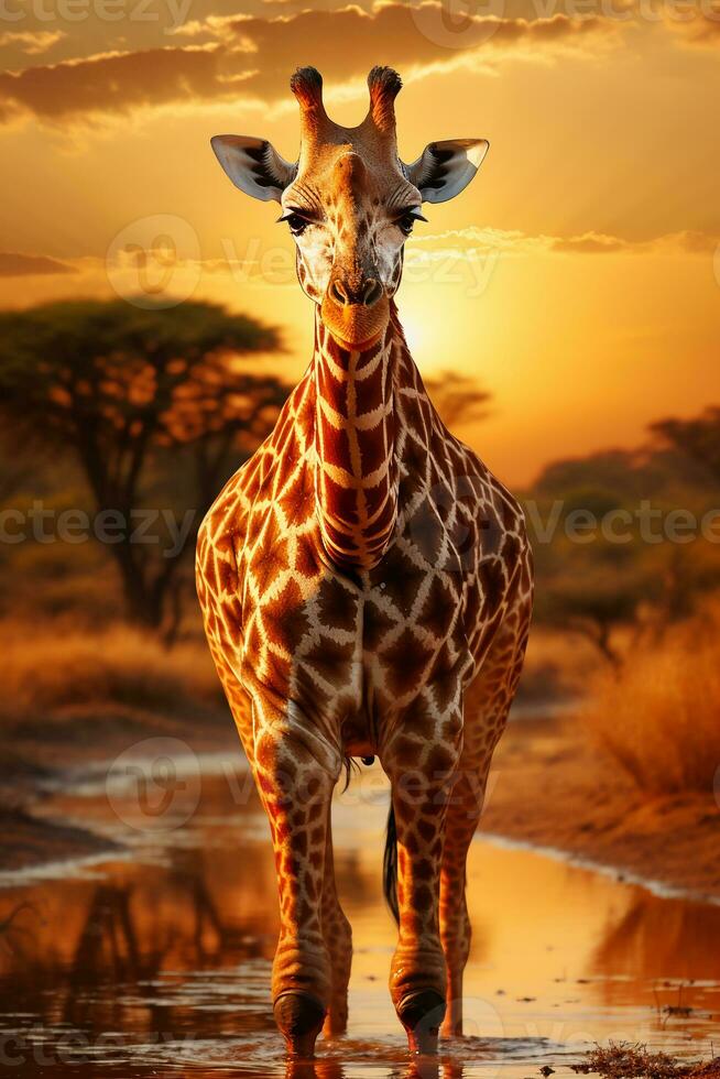 A giraffe forages on the savanna in Africa. AI generative photo