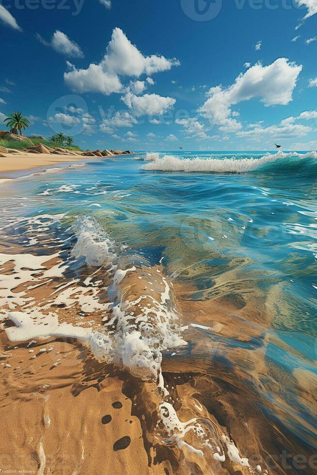 a serene gold coast beach stretches as far as the eye can see, its golden sands meeting the crystal. AI generative photo