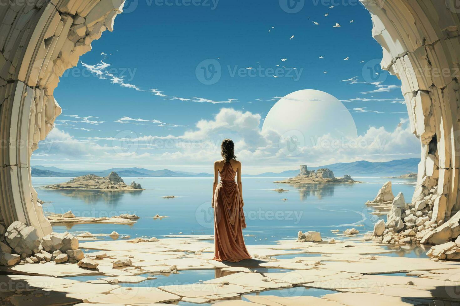 In greece sappho is dreaming in people with a columns square in athens structure architecture a big city sea view. AI generative photo