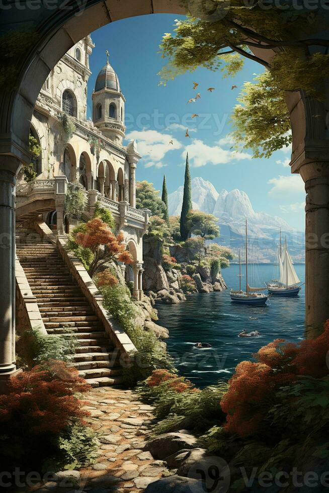 A beautiful painting of a graceful openwork arch leading to the sunny medieval harbor where beautiful graceful sailboats stand. AI generative photo