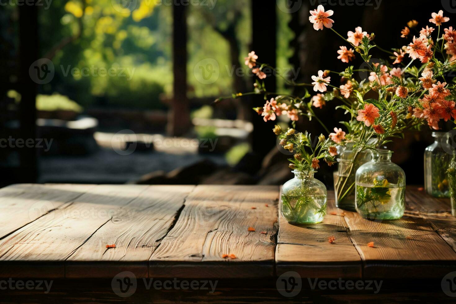 A wooden table with spring flowers and green grass. AI generative photo