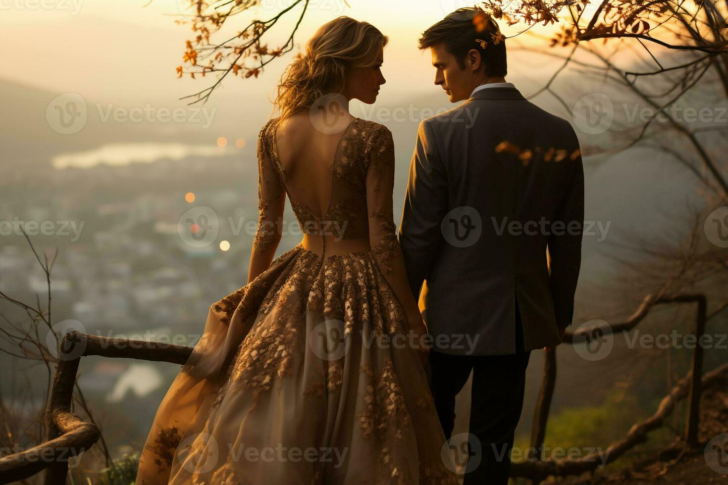 Pareja vistiendo vestir en el niebla de temprano Mañana. ai generativo foto