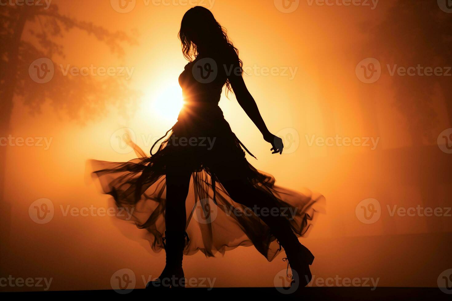 Woman vaguely visible silhouette through thick fog, dynamic pose. AI generative photo