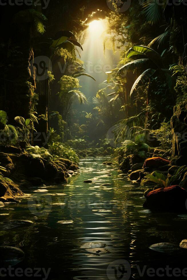 Photo of inside jungle with sun. AI generative