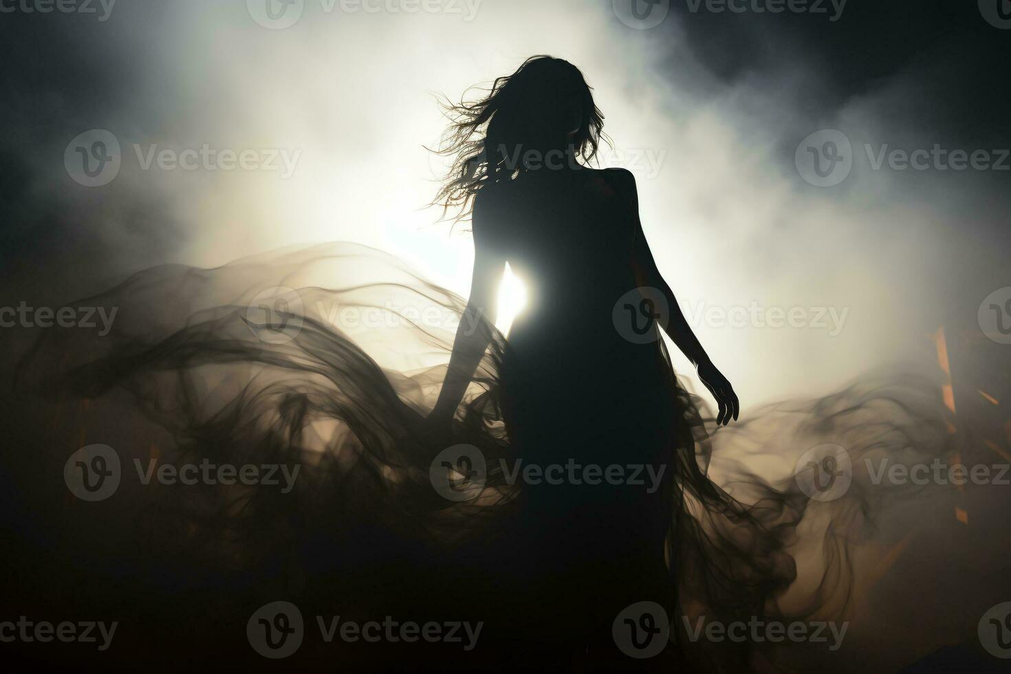 Woman vaguely visible silhouette through thick fog, dynamic pose. AI generative photo