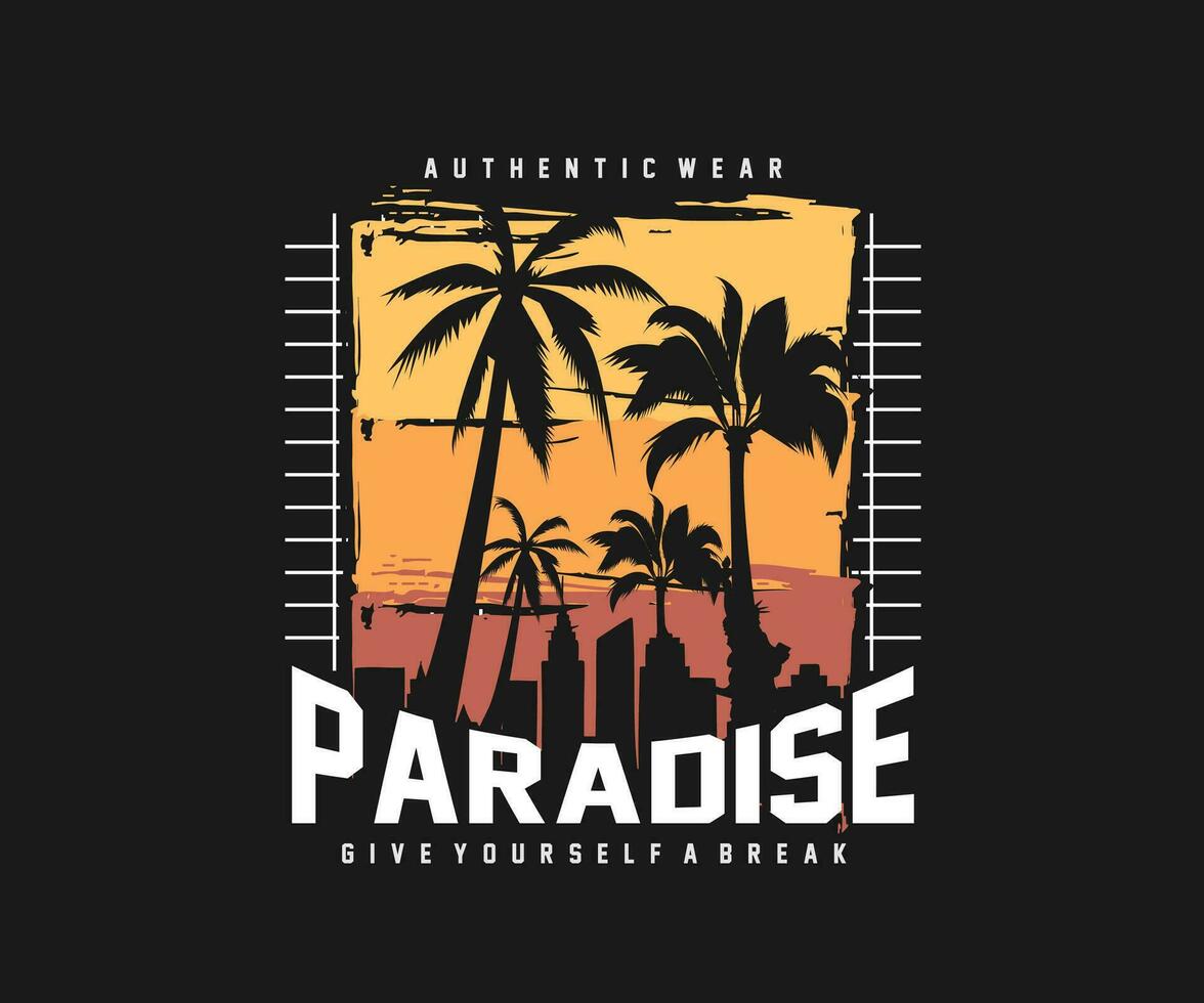 paradise calligraphy slogan with palm beach vintage illustration for streetwear and urban style t-shirt designs, hoodies, etc vector