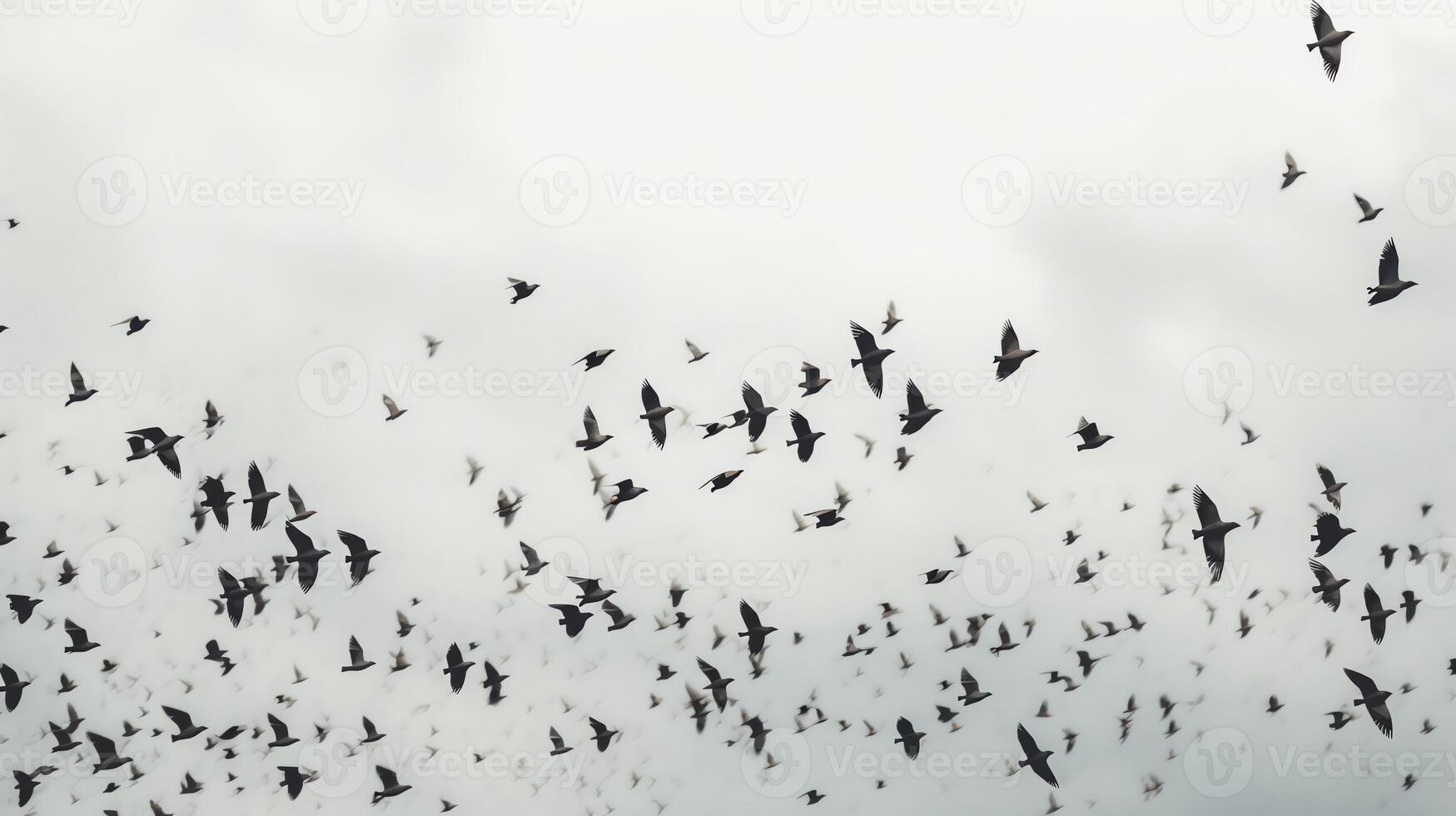 a flock of birds flying across a white sky photo