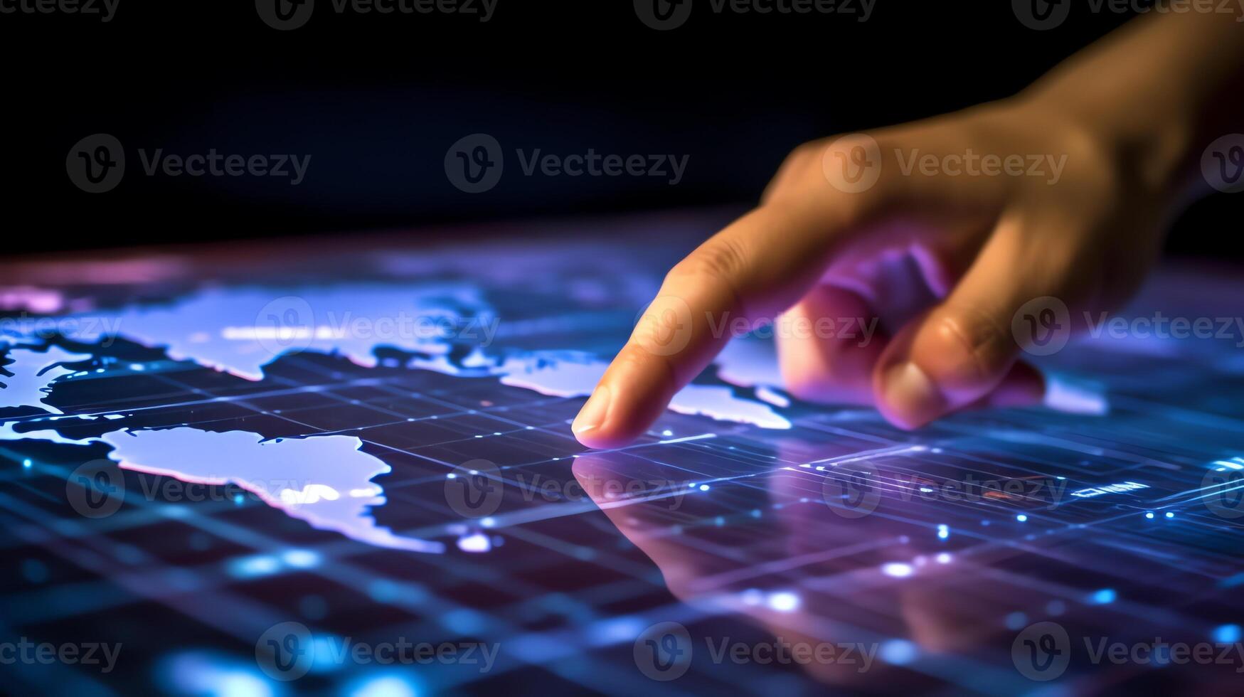 a hand touching a digital interface with a world map in the background photo