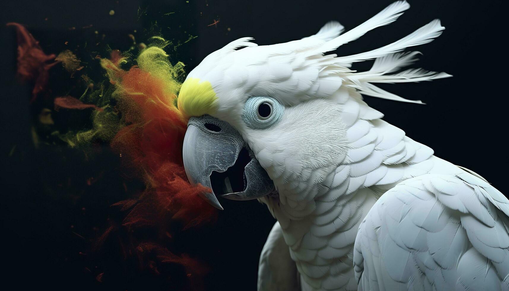 Digital photo manipulation of a white parrot. Generative AI