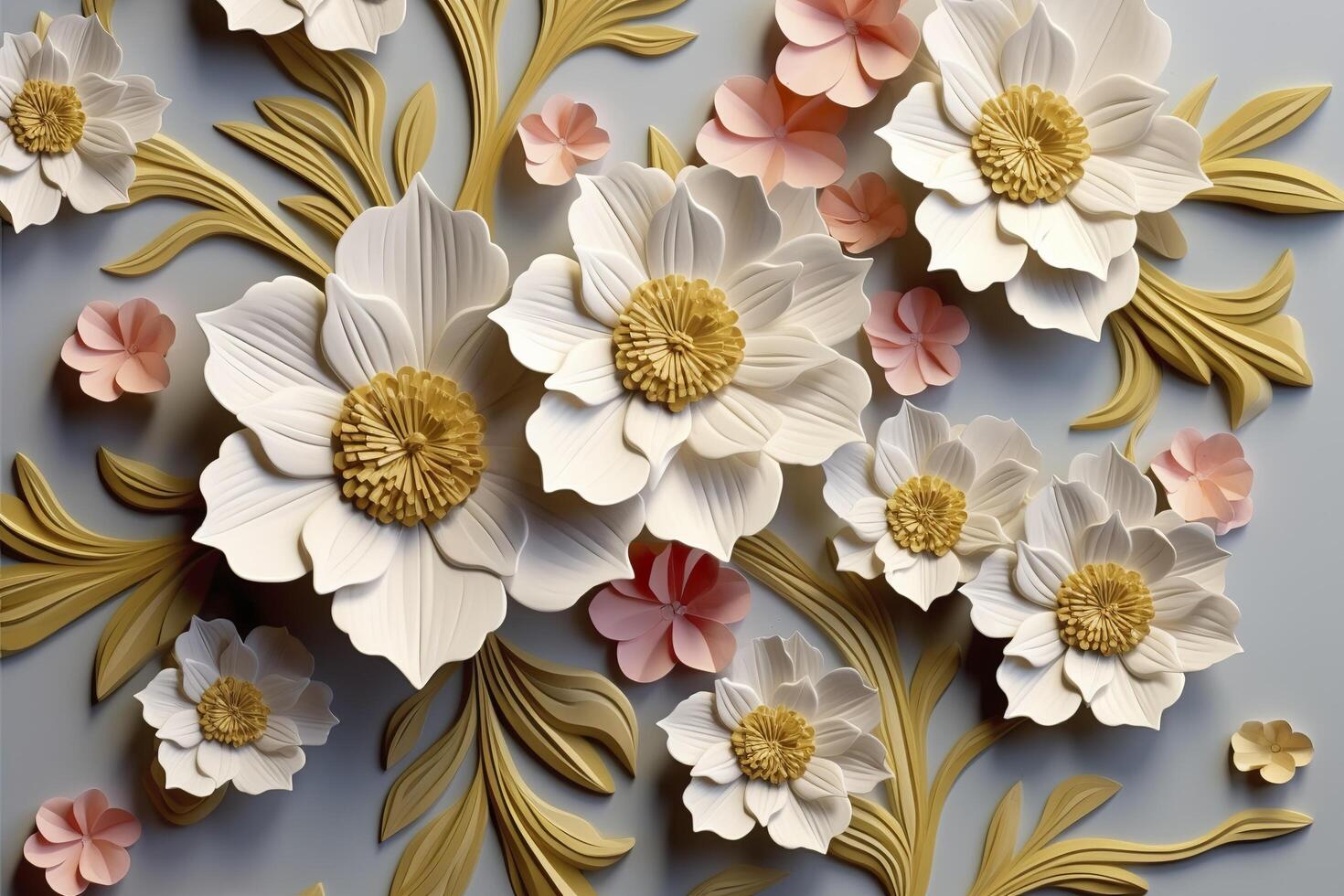Elegant colorful 3d flowers with leaves on a tree illustration background. Generative AI photo