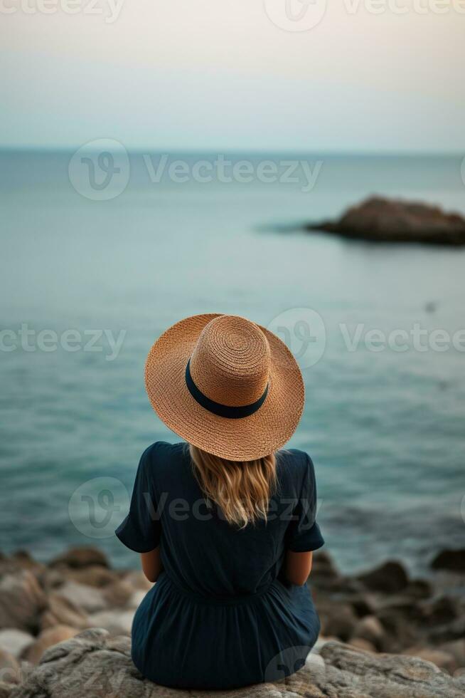 ai generativo un mujer con un sombrero es mirando a el Oceano foto