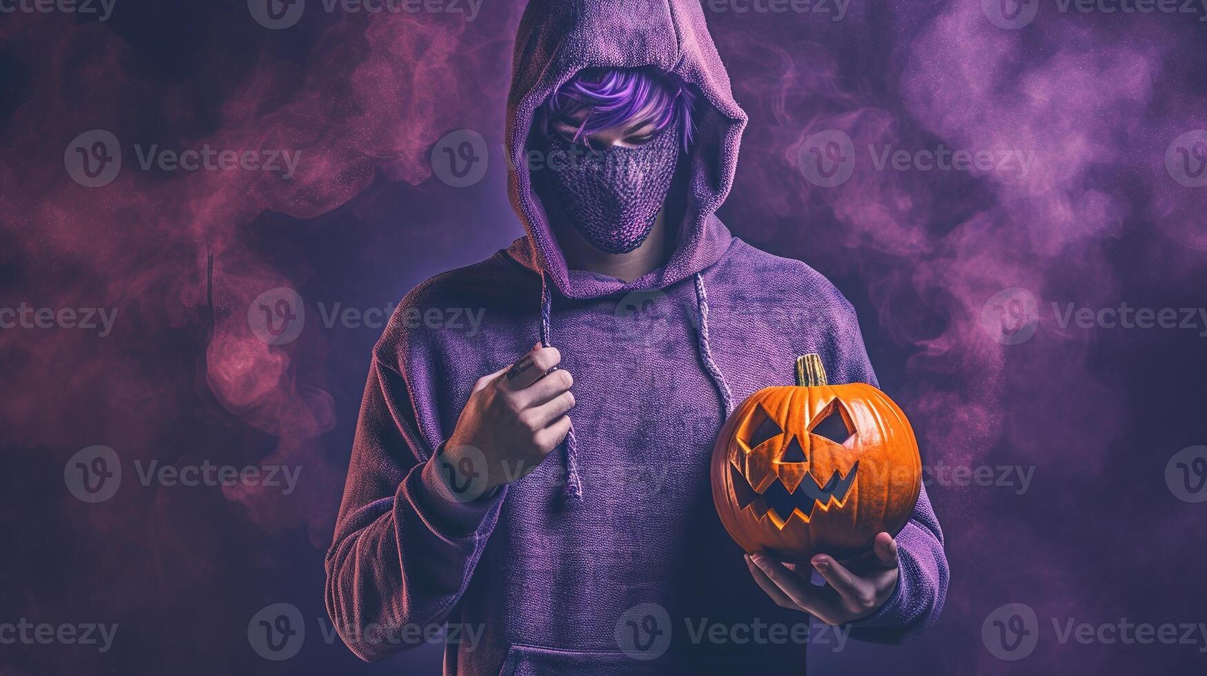 a man with purple hoodie with mask face covered for halloween photo
