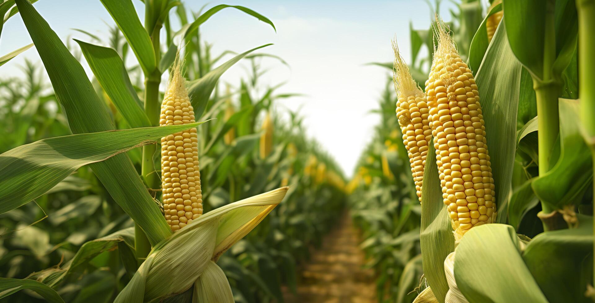 Closeup corn cobs in corn plantation field. Generative AI photo