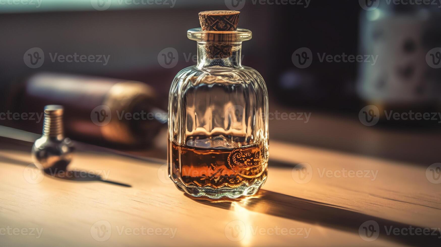 a glass bottle on a table photo