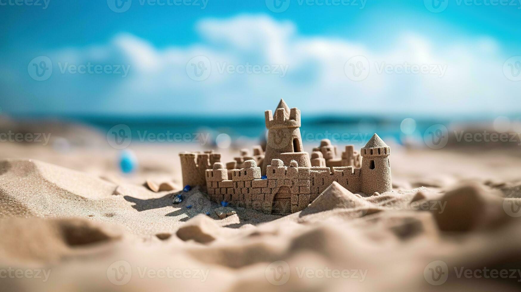 a sand castle beach with a blue sky and white clouds photo