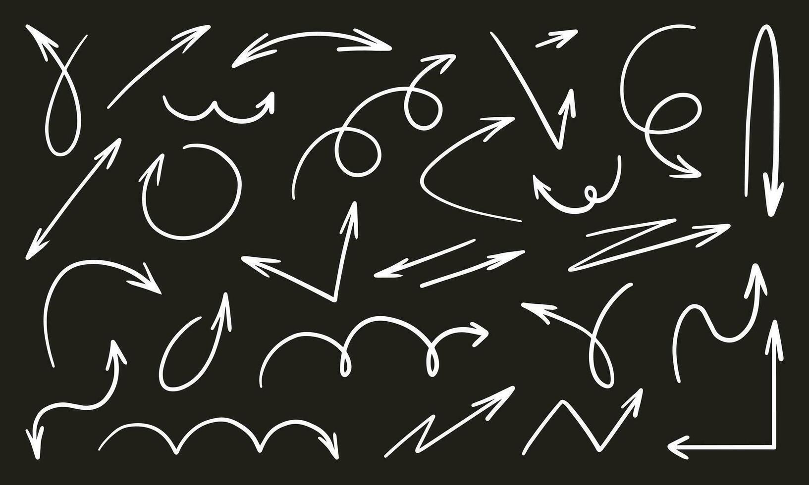 Arrows vector icons set. Hand drawn freehand different curved lines, swirls arrows. Set simple arrows isolated on black background. Drawing white chalk smears on a black school board. Doodle.