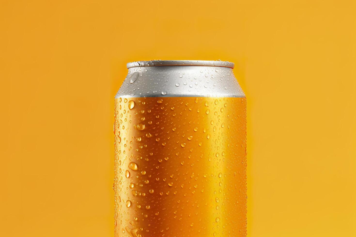 Can of fresh soda with water drops on orange background, closeup. Generative AI photo