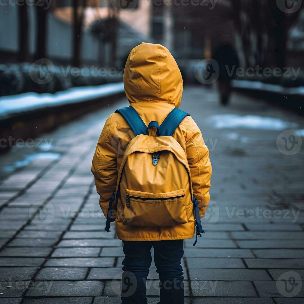 AI Generative a small child in a jacket carrying a backpack photo