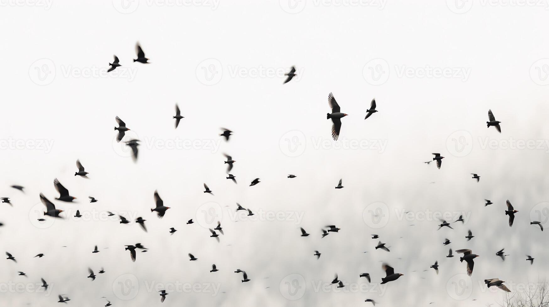 a flock of birds flying across a white sky photo