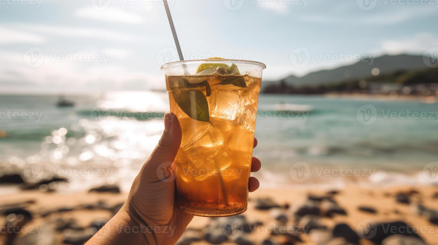 AI Generative a person holding a drink in front of a beach photo